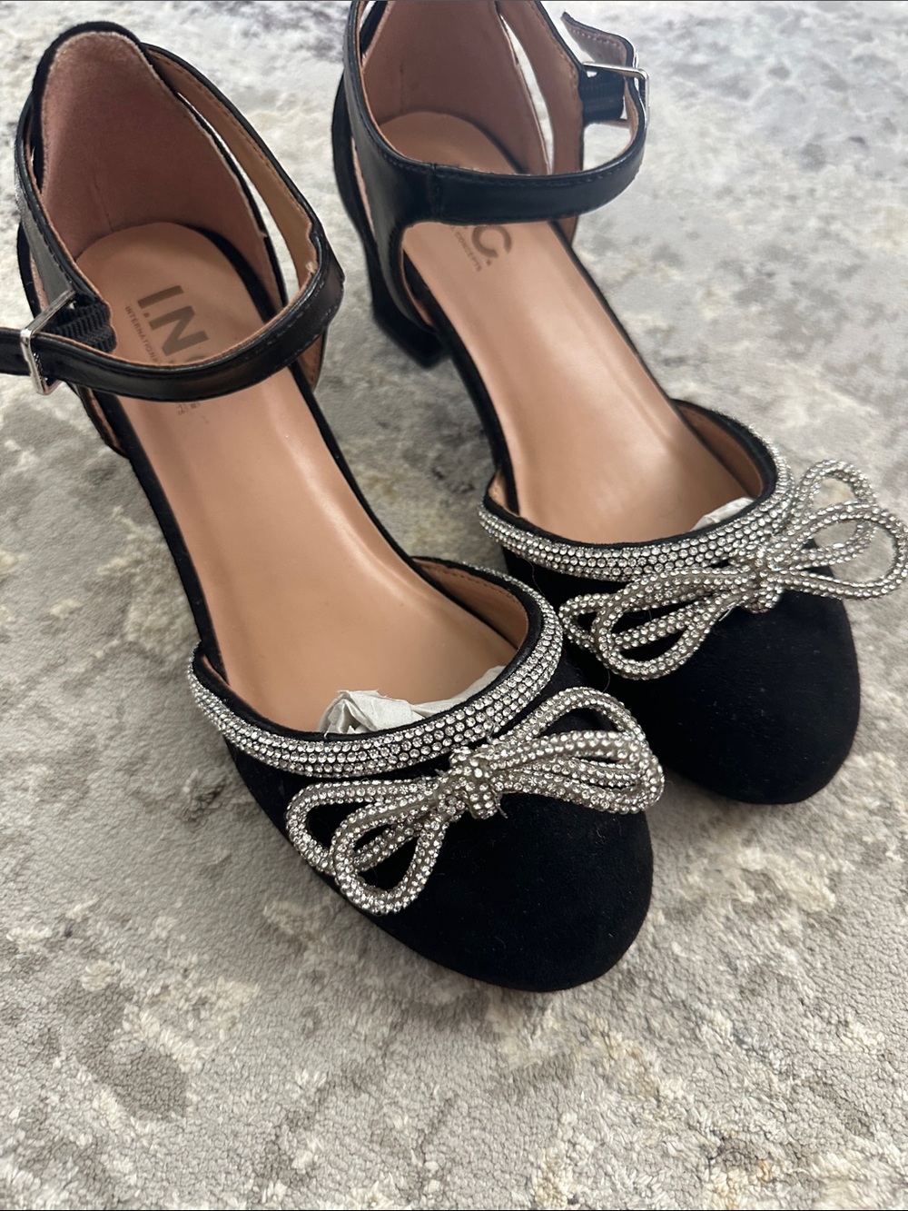 INC NEW Girls Black Suede Ankle-Strap Heels with Crystal Bow size 1